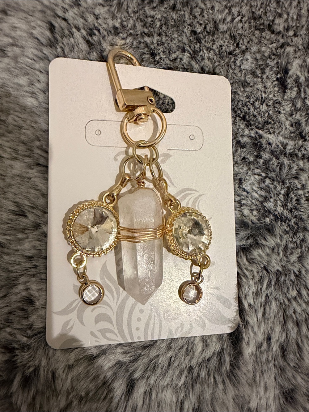 Gold Tone Dangle Charm Keychain with Crystal Accent